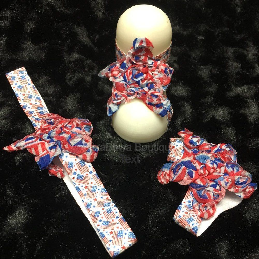 Red, White & Blue Star Barefoot Sandals & Headband Set  BFS704  Handmade NWT